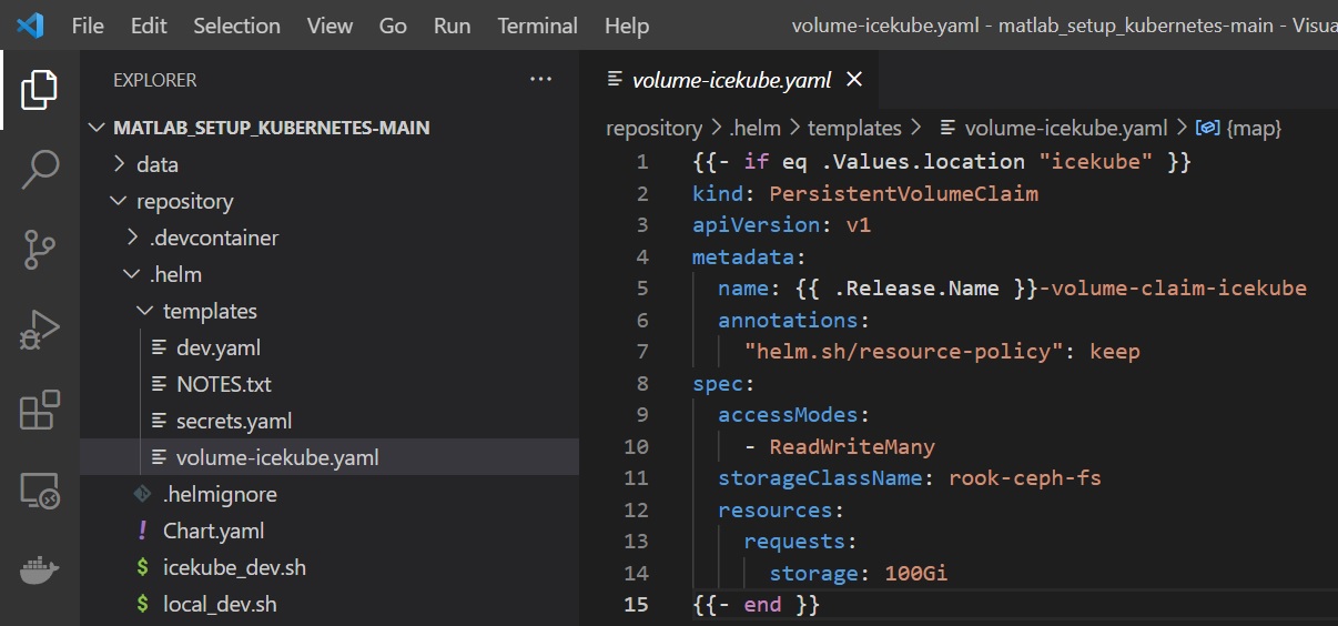 Edit the parameters in volume-icekube.yaml to state the amount of PVC required