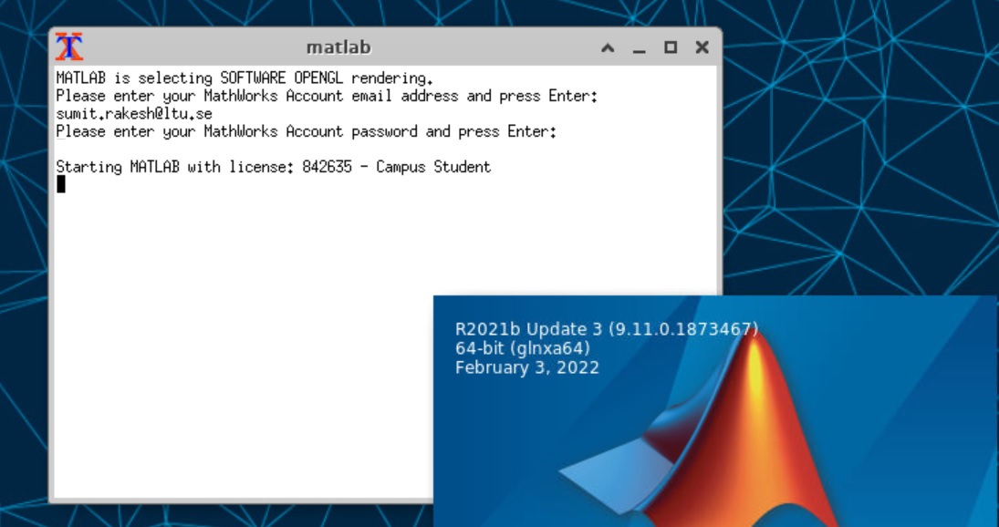 Enter Matlab Single User License: username and password